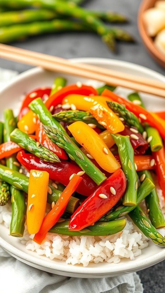 Asparagus stir-fry with bell peppers served over rice, garnished with sesame seeds.